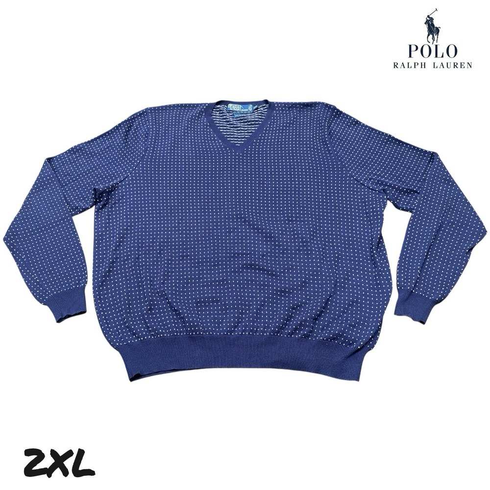 VTG 90's Polo Ralph Lauren Sweater XXL Blue White Dot Pattern V-Neck 100% Cotton